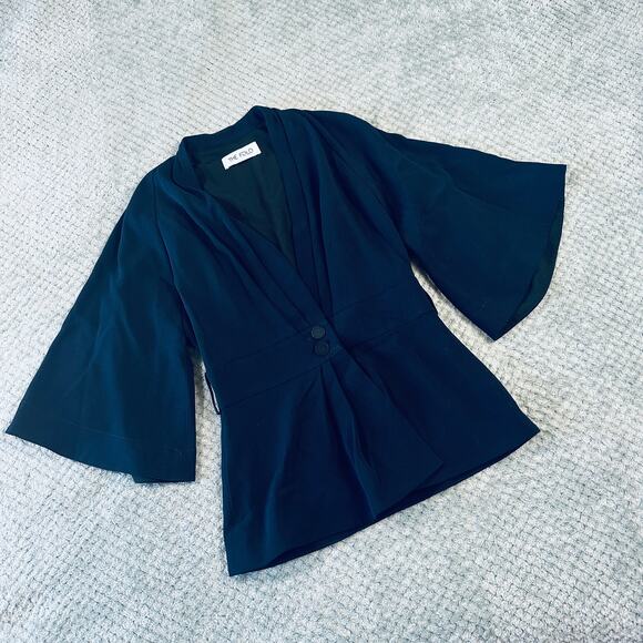 The Fold Tops - THE FOLD Navy Blue Clever Crepe Kimono Jacket Womens 4 Blouse Short Sleeve Work